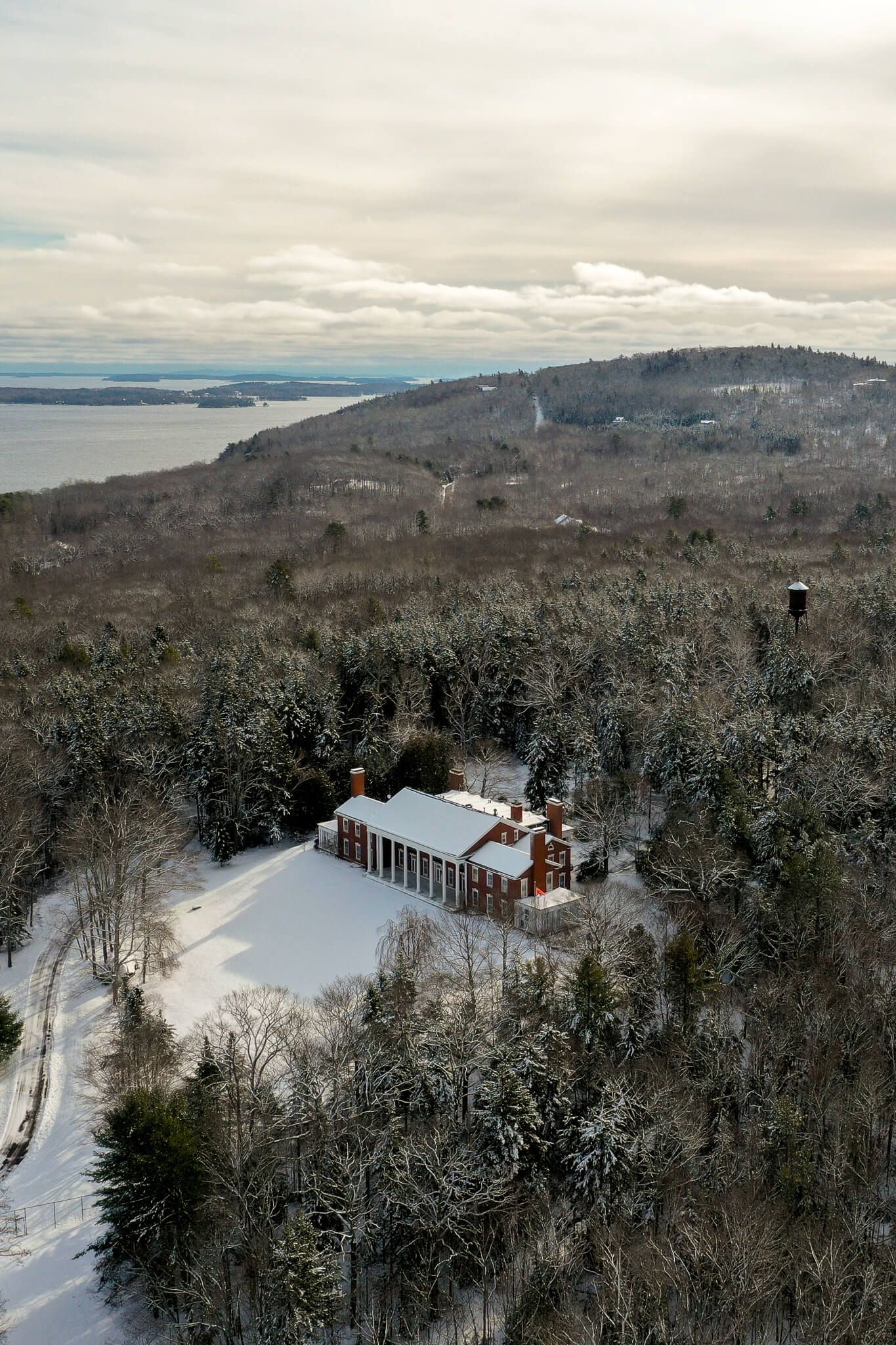 Aerial view of Oak Hall in winter